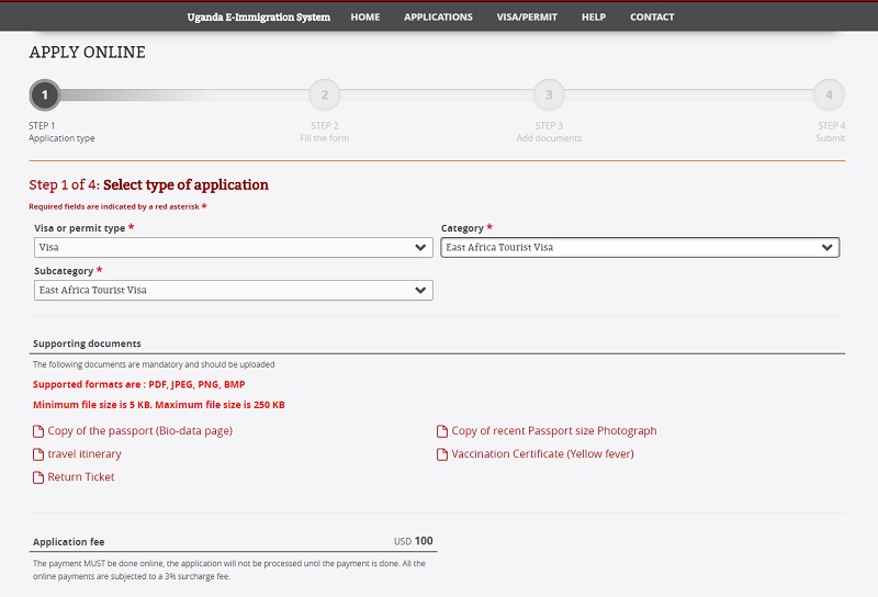 Screenshot showing documents needed to apply for East Africa Tourist Visa online