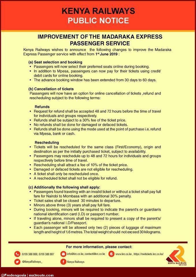 An important update from Kenya Railways regarding the Madaraka Express. Effective June 1st 2019