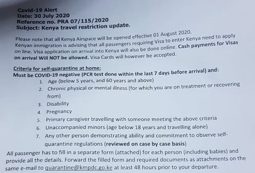 COVID-19 quarantine and visa information sent from an airline to a Kenyan tour operator 