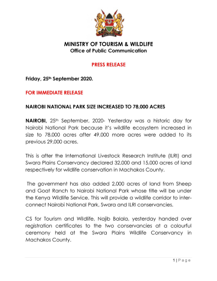 Nairobi National Park increased to 78,000 acres
