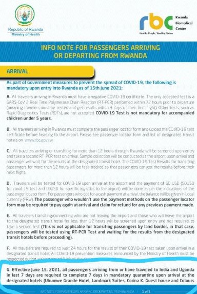 Info note for passengers arriving or departing Rwanda, June 15th 2021. Issued by Rwanda Biomedical Centre, Ministry of Health. 