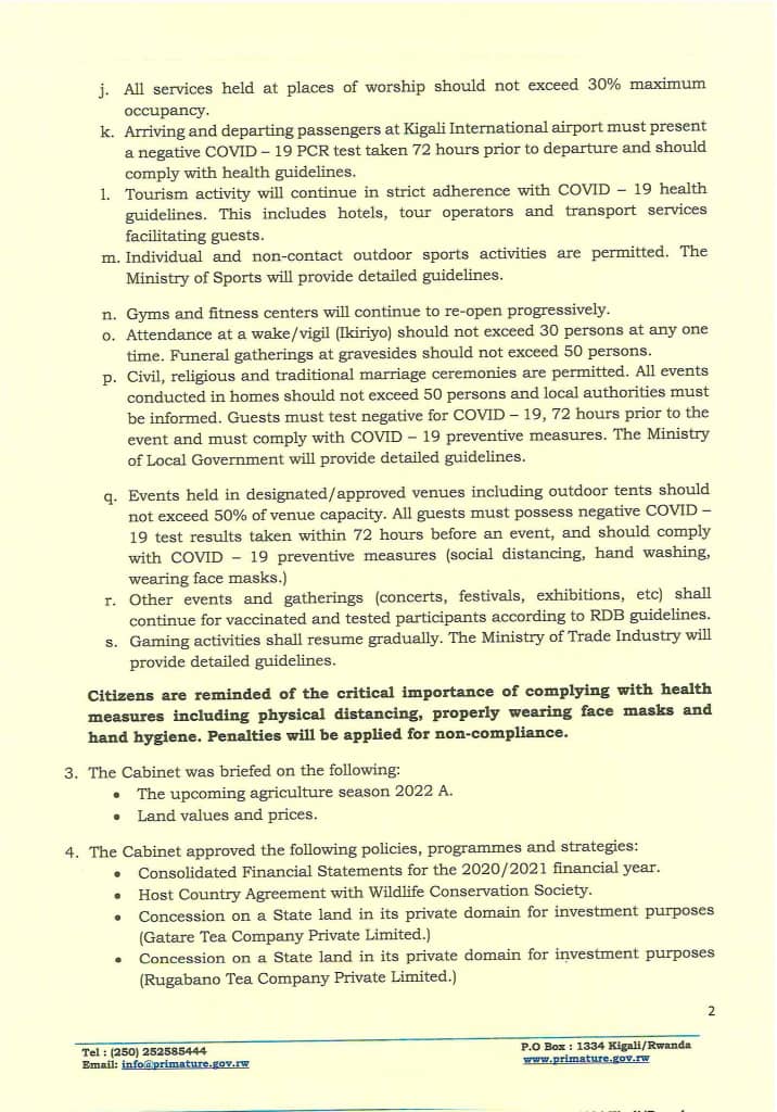 Office of the Prime Minister Rwanda re COVID-19. September 21 2021