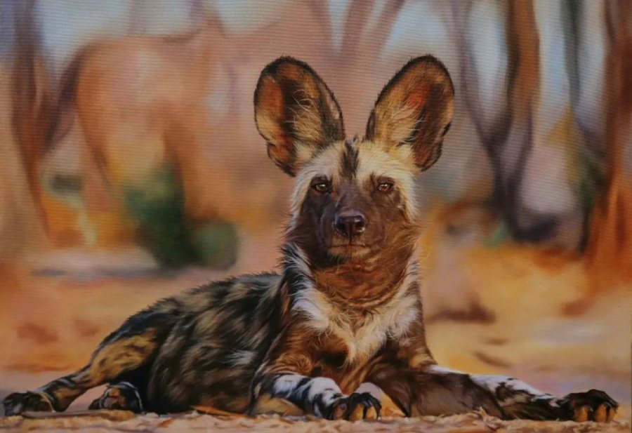 Painting of an African wild dog ARTIST COPYRIGHT Carrel Kumbirai
