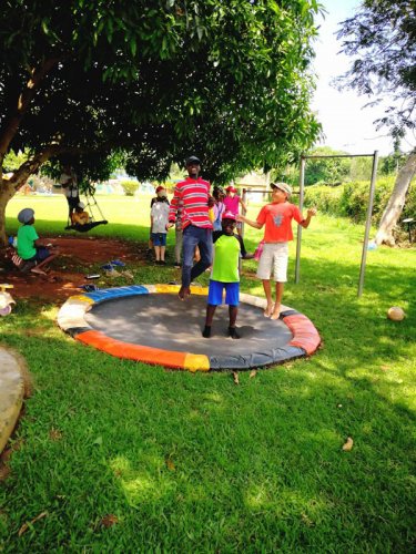 Kids trampoline, play area. The Haven lodge, Jinja Uganda 