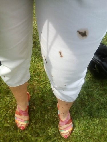 mud on white trousers